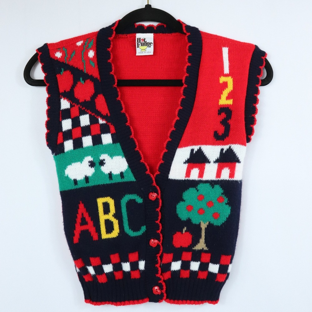 Hot Fudge Red Sweater Vest Kids ABC 123 School Teacher Vintage Small? READ